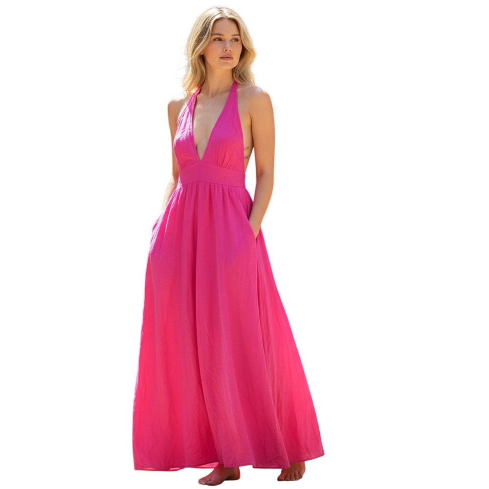 Vince Camuto Pink Halter V-Neck Maxi Dress with Wood Bead Detail XL